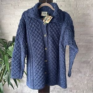 Carriag Donn Aran Blue Wool Honeycomb Cableknit Coat Fisherman Cardigan M NWT